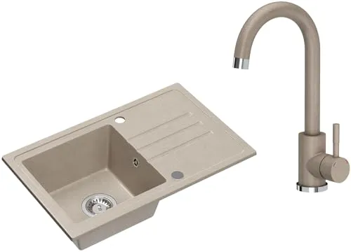 VBChome Granit Spülbecken Beige 70 x 44 cm mit Armatur in beige von VBChome