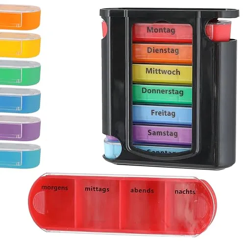 Pillenbox 'Deluxe' 7 Tage | Regenbogenfarben schwarz Kunststoff 11,5x13x4,3cm | Beschriftung Wochentage Tageszeit | Tablettenboxen einzeln herausziehbar (1 x Pillenbox 'Deluxe' schwarz/bunt)