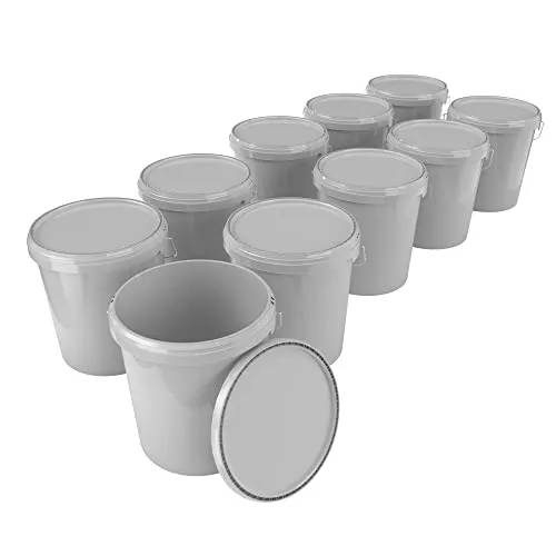 10x Eimer mit Deckel 16 Liter Grau - lebensmittelecht luftdicht und stabil, Leer Eimer mit Griff und Verschluss Deckel für Lebensmittel Chemie Wand Farbe Waschpulver Klebstoffe geeignet