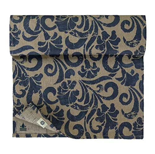 Linen & Cotton Tischläufer Florian mit Blumen Motiv - 100% Leinen, Beige Blau (34 x 100 cm) Beschichtet Eckig Läufer Stoff Wasserdicht Fleckschutz rutschfest Pflegeleicht für Garten Outdoor