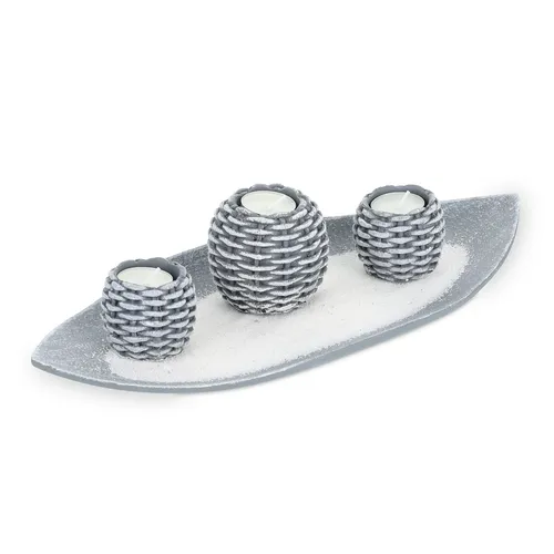 Kerzen deko Kerzenständer Set grau geflochten Teelichthalter Set Tisch Deko Set