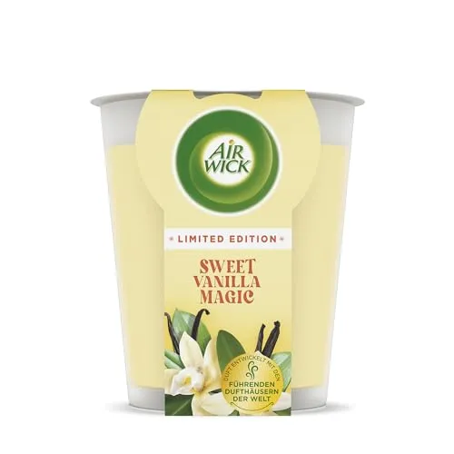 Air Wick Wohlfühl-Duftkerze XL im Glas – Duft: Sweet Vanilla Magic – Bis zu 40 Stunden Brenndauer – Enthält natürliche ätherische Öle – 220 g Duftkerze