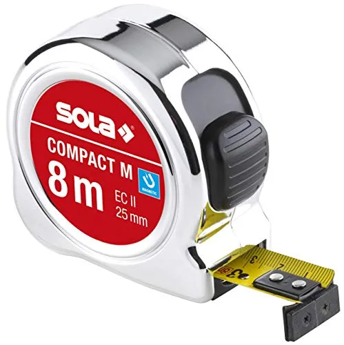 SOLA COMPACT M - Bandmaß magnetisch 8m / 25mm - Taschenbandmaß mit Gürtelclip - Stahlband, gelb lackiert mit mm Skala - Genauigkeitsklasse II - Rollmeter mit beweglichem Endhaken - Länge 5m, 8m