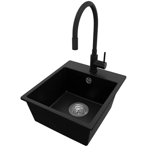 PRIMAGRAN Granitspüle Schwarz 38x44cm, Spülbecken 1 Becken + Küchenarmatur 40x38cm + Ablauf-Set, Küchenspüle ab 40er Unterschrank - Riga Easy S017
