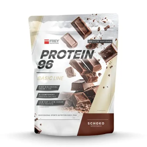 Frey Nutrition Protein 96 - 500g Schoko - Proteinreicher Mahlzeitenersatz, ideal auf Milch- oder Wasserbasis. Hoher Caseinanteil, ohne pflanzliche Proteine und künstliche Zusätze. Hergestellt in Deutschland für höchste Qualität.