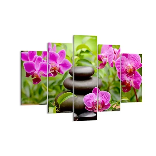 Bilder auf Leinwand 150x100cm Leinwandbild Blumen Steine Bambus Dekoration Groß XXL Wanddeko Bild Schlafzimmer Set 5 teilige Wandbilder Dekoration Wohnzimmer Canvas Wand Kunstdruck Art EA150x100-2687