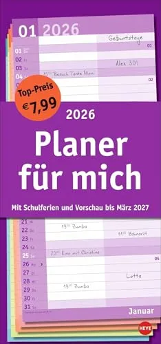 Basic Planer für mich 2026: Praktischer Wandplaner mit 2 Spalten. Wandkalender mit Schulferien und 3-Monats-Ausblick aufs Folgejahr. Terminkalender 2026 zum Eintragen. (Basic Planer Heye)