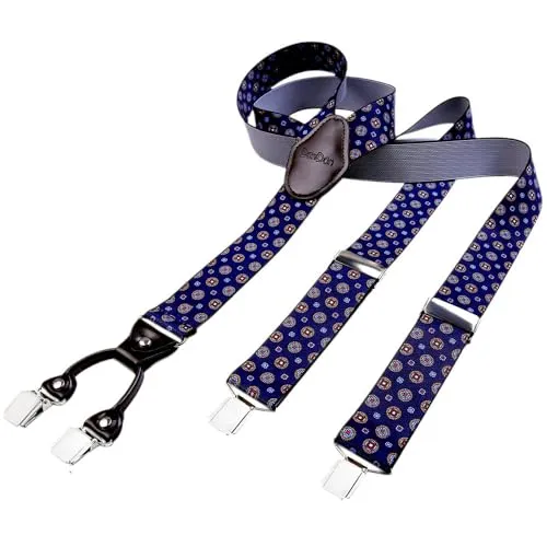 DonDon Hosenträger Herren extra stark dunkelblau 3,5 cm Hosenträger Herren breit mit brauem Leder in Y-Form lang - Starke Clips passend für Anzug Jeans Chinos Vintage Rockabilly Suspenders