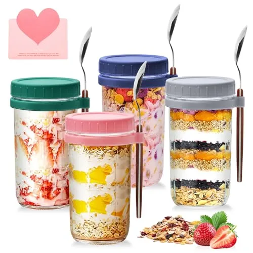 UCAMP 600ml Glas Müslibecher to go mit Deckel und Löffel,4er Set joghurtbecher to go,Einmachgläser Overnight Oats Gläser,Kann zum Servieren von Haferflocken,Joghurt,Salaten,Maiskörnern