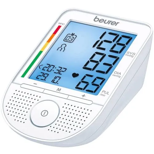 Beurer BM 49 Sprechendes Blutdruckmessgerät - Blutdruckmessgerät mit Sprachausgabe in DE, FR, IT, NL, Risiko-Indikator und Arrhythmie-Erkennung für präzise Messungen und einfache Nutzung.