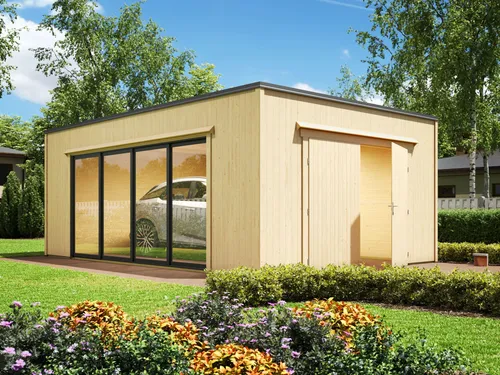 Fjordholz Holzgarage Modell Q-Bic 34 B – Robuste Gartenlösung - Massive Holzgarage mit 34mm Wandbohlen aus nordischer Fichte, stabiler Dachkonstruktion und imprägnierten Fundamentbalken. Ideal für individuelle Anpassungen und höchste Wetterbeständigkeit.