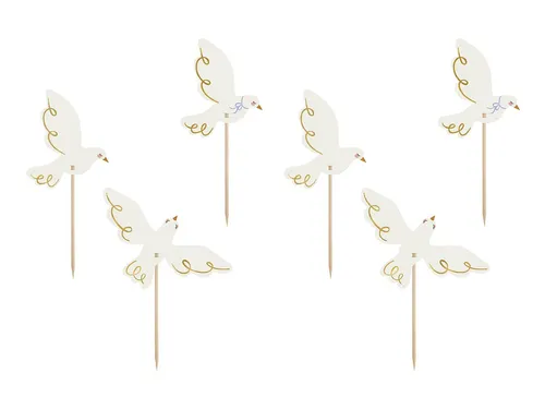 partydeco Papierdekoration, Cake Topper Tauben 14,5cm weiß gold 6er Set