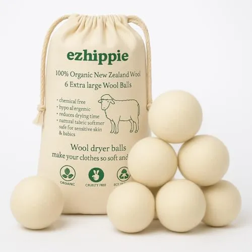 Ezhippie Trocknerbälle aus natürlicher Wolle – Stoffweichmacher, reduziert Falten und wiederverwendbar, 6 Stück [XL]