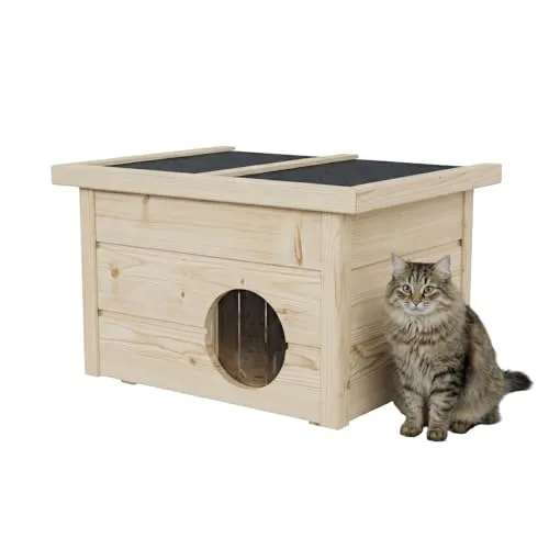 QLS Katzenhaus Outdoor 40×50×37 cm aus Holz mit klappbarem Dach, 2 cm Styropor, wetterfest & Winterfest, Kälteschutz-Vorhang (Natur)