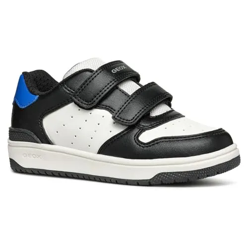 Geox J WASHIBA Boy A Sneaker, Schwarz/Königs, 35 EU - Sneaker für Jungen mit atmungsaktivem Obermaterial in Lederoptik, ideal für Schule und Freizeit dank praktischem Doppelklettverschluss und lässigem Design.