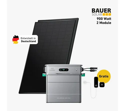 Balkonkraftwerk Premium 900 Watt mit Hoymiles MS A2 Speicher - Hochwertiges Balkonkraftwerk mit 900 W und Zendure Solarflow 800 Pro Speicher. Bifaziale Solarmodule sorgen für bis zu 30 % Mehrertrag und 30 Jahre Garantie.