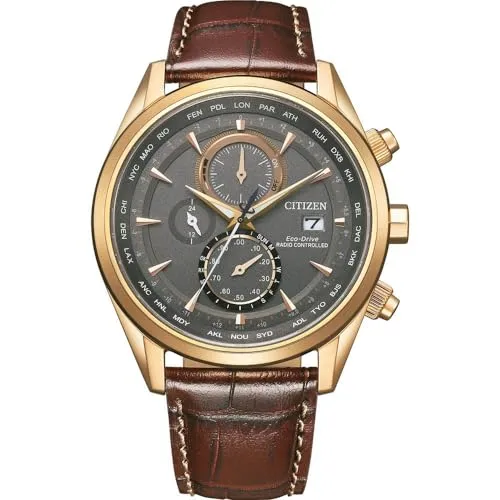 Citizen Funkuhr Chrono AT8263-10H - Weltzeit in Roségold-Grau - Armbanduhren für Herren mit Chronograph und Funktechnologie, 100 m wasserdicht und 180 Tage Gangreserve - ideal für stilvolle Zeitmessung und Weltreisende.