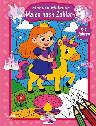 Produktbild Malen nach Zahlen Einhorn Malbuch für Kinder ab 5–7 Jahren: Mit 50 Ausmalbildern und praktischer Farbschablone zum einfachen Lernen von Farben und Zahlen für Vorschulkinder und Erstklässler.