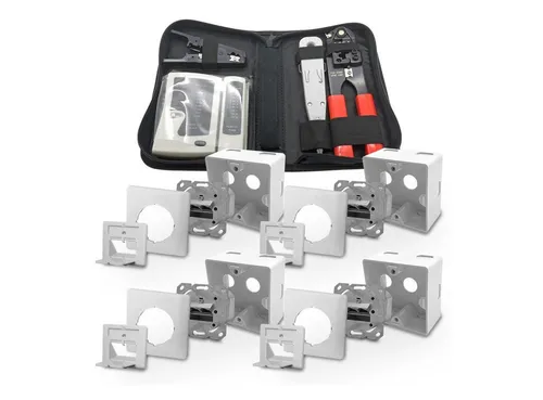 ARLI Netzwerk-Adapter Set mit 4x Cat6a Netzwerkdose und Werkzeugset - Vielseitiges Handwerkzeugset mit Crimpzange, Kabeltester und Abisolierer. Alles kompakt in einer Tasche verstaut, ideal für die Installation und Wartung von Netzwerken.