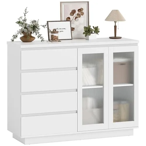 HOMCOM Sideboard mit Arbeitsplatte, 4 Schubladen & 2 Glastüren, Weiß