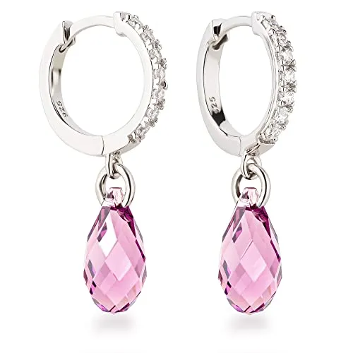 Schöner-SD Paar Ohrhänger Creolen mit Zirkonia und Tropfen Kristall klein 13mm hängend (inkl. Schmuckbox), 925 Silber Rhodium