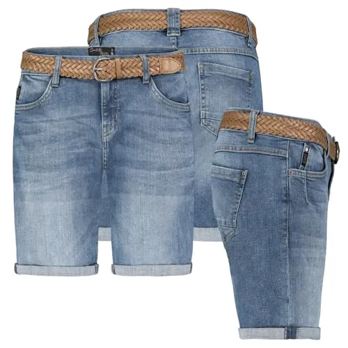 Sublevel Damen Jeans Shorts Bermuda Kurze Hose Shorts Short Denim Stretch Denim, Farbe:Hellblau, Größe:XL 42