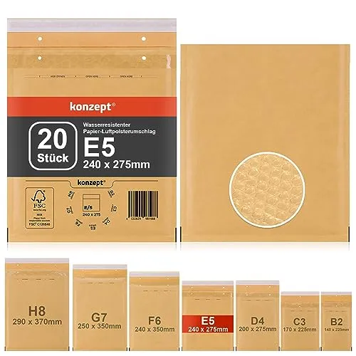 KONZEPT Luftpolsterumschläge, Set 20 Stück, Luftpolstertaschen für Brief, Unterlagen, CD, Fotos, Bücher, Kleidung, Elektronik, Schmuck, Kosmetik, selbstklebend, DIN E5, 240 x 275 mm