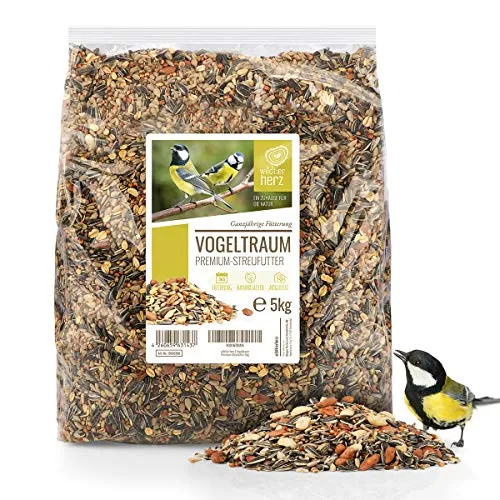 Wildtier Herz Vogeltraum Premium Vogelfutter für Wildvögel ohne Weizen - Ganzjahresfutter mit Sonnenblumenkernen - Wildvogelfutter für Futterspender - Streufutter, Fettfutter für Vögel - 5 kg