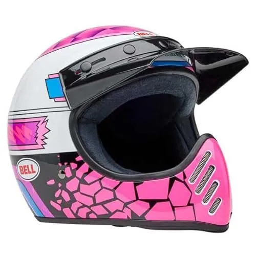Bell Moto-3 Deathspray Motocrosshelm - Weiß/Pink/Schwarz - Motorradhelm mit originalem Retro-Styling, modernster Sicherheitstechnik und Velocity Flow Ventilation für optimalen Komfort und Kühlung. Ideal für Motocross-Fans!
