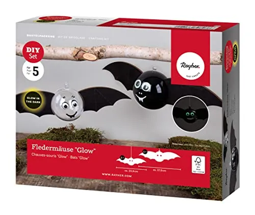 Rayher DIY Bastelpackung Fledermäuse, Set 5 Fledermäuse, verschiedene Größen, 2x Flügelbreite 27,6 cm, 3x Flügelbreite 23,9 cm, Dekoration Halloween, 70055000