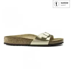Birkenstock Madrid Damen Flip-Flops - Gold - Gr. 38 - Wanderschuhe mit anatomisch geformtem Korkfußbett, das höchsten Tragekomfort bietet. Die goldene Pantolette vereint stylisches Design und Bequemlichkeit – perfekt für Sommerausflüge!