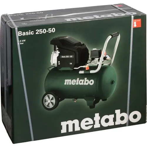 Metabo Kompressor Basic 250-50 - Kompressor mit 50 l Tank und 1,5 kW Leistung, ideal für den professionellen Einsatz. Hohe Durchflussrate von 95 l/min und portabel für flexible Anwendungen.