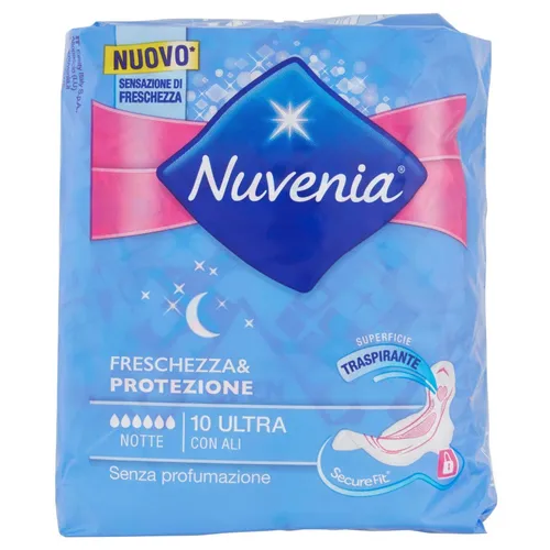 Nuvenia - Damenbinden, Ultra-dünn, für die Nacht mit Flügeln, SecureFit 10 Stück