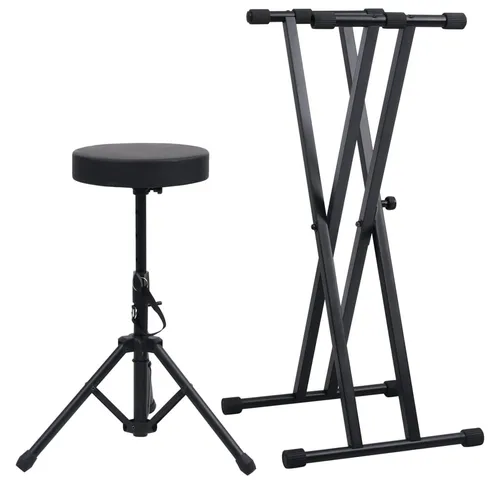 vidaXL Doppelstrebiger Keyboard-Ständer und Hocker Set Schwarz - Zubehör für Schlaginstrumente, höhenverstellbar und stabil, ideal für komfortable Keyboard-Performances und -Übungen.