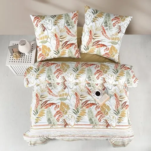 ZIRVEHOME Bettwäsche 240x220 Beige 3-teilig - Bettwäsche-Sets aus 100% Baumwolle mit stilvollem Blätter- und Streifenmuster. Atmungsaktiv, weich und pflegeleicht – ideal für ganzjährigen Komfort und erholsamen Schlaf.