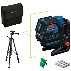 Bosch Kreuzlinienlaser GCL 12V-50-22 CG - Messgeräte mit selbstnivellierenden grünen Laserlinien für verbesserte Sichtbarkeit, inklusive Stativ und Bluetooth-Steuerung für präzise Nivellierarbeiten.
