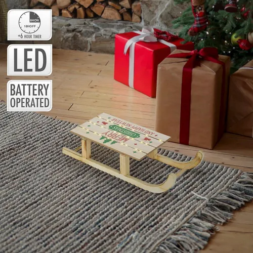 ECD Germany Weihnachtsfigur Dekoschlitten Retro Rodel mit LEDs - Nussknacker Deko-Schlitten aus Holz mit warmweißer LED-Beleuchtung und praktischem Timer, ideal für winterliche Dekorationen im rustikalen Stil.