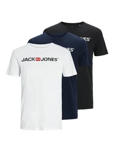 JACK & JONES Herren JJECORP Logo Tee SS Crew Neck 3PK - 3er Pack T-Shirts in Schwarz, Blau und Weiß, aus weicher Baumwolle mit Rundhalsausschnitt, ideal für lässige Outfits und täglichen Komfort.