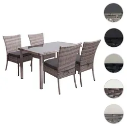 Poly-Rattan Garnitur HWC-G19, 4x Stühle + Tisch 120x75cm - Gartenmöbel-Set mit 4 stapelbaren Stühlen und großem Tisch, wasserabweisende Kissen für hohen Sitzkomfort, ideal für Balkon und Terrasse.