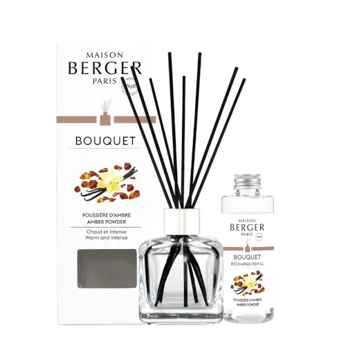Maison Berger Pudriger Amber Raumduft Diffuser Bouquet aus Klarglas – 6 Schwarze Duftstäbchen mit 100 ml Duft-Nachfüllflasche – Französische Parfümkunst