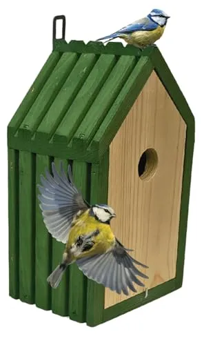 MODO24 Meisen Nistkasten aus FSC® Holz mit 2,8 cm Einflugloch und mit Heu, Vogelhaus Blaumeisen & Kleinvögel, Brutkasten mit Reinigungsklappe, Futterhaken für Garten, Balkon, 26×15×12 cm, Farbe: Grün