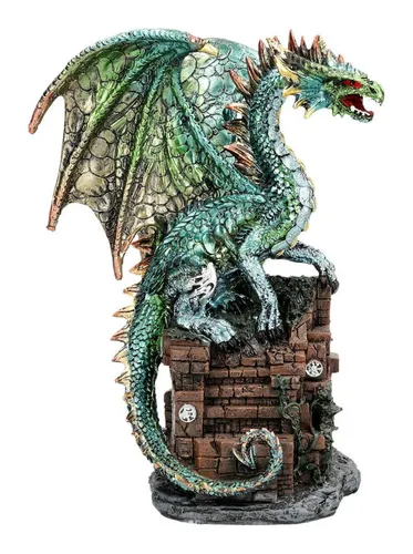 Figuren Shop GmbH Fantasy-Figur Drachen – Wächter Statue 21.5 cm - Majestätische Drachen Figur aus hochwertigem Kunststein, handbemalt mit goldenen Akzenten. Ideal für Regale oder als mystische Tischdeko. Ein starkes Deko-Element für Sammler und Liebhaber von Fantasy.
