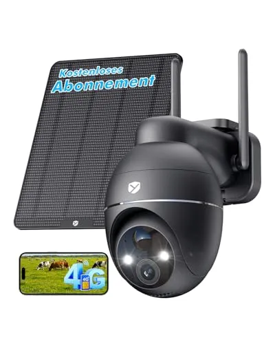 YESKANO 4G LTE Überwachungskamera außen mit SIM-Karte & 5W Solarpanel - 360° PTZ 2K 3MP Solarkamera außen - Farb-Nachtsicht, PIR-Erkennung, Zweiwege-Audio (Schwarz)