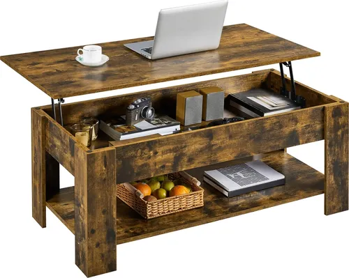 Yaheetech Couchtisch Höhenverstellbar Beistelltisch mit Stauraum Ablagefächern Kaffeetisch Metallgestell Sofatisch für Wohnzimmer, Rostbraun