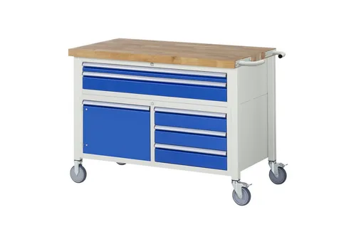 Fahrbare Werkbank 8922 - Werkstatteinrichtung mit massiver Buche-Arbeitsplatte, 5 Schubladen und 1 Tür. Ideal für eine flexible und belastbare Arbeitsumgebung, komplett montiert und Made in Germany.