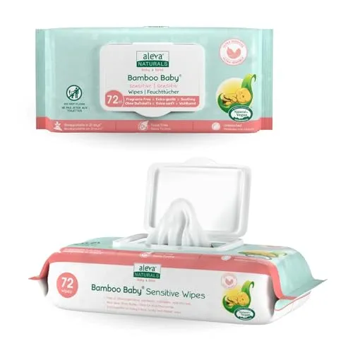 Aleva Naturals Bamboo Baby® Feuchttücher Sensitiv – Ultrasanfte, extra starke Feuchttücher für Babyhaut – 100% natürliche Inhaltsstoffe – Mit Sheabutter, Aloe Vera & Kamille – Biologisch abbaubar