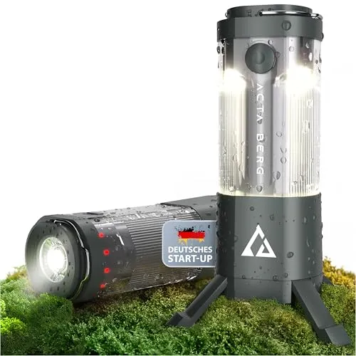 Acta Berg® Campinglampe LED 450 Lumen – aufladbar mit Akku & Powerbank (4000 mAh), bis 150h Laufzeit, IP44 wasserfest, Zeltlampe, Laterne & Taschenlampe, USB-C, Outdoor Lampe für Camping & Notfall