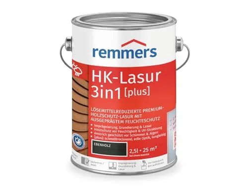 Remmers HK-Lasur 3in1 [plus] Ebenholz, Matt – 2,5 Liter - Premium Holzschutz-Lasur für außen, vereint Imprägnierung, Grundierung und Lasur in einem Produkt. Ideal für Zäune und Gartenhäuser, schnelltrocknend und umweltverträglich.