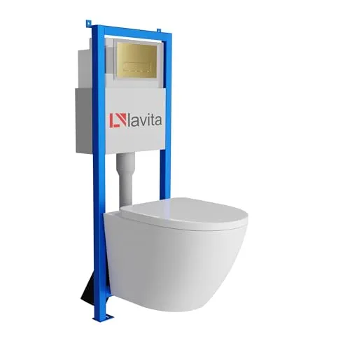 Lavita LAV 101 Vorwandelement für WC 40cm + Wand Hänge Tiefspül WC SOFI Weiß Spülrandlos + Bedienplatte LAV 200.3.5 Gold | Komplettset | Unterputz Spülkasten | Toilette Komplett Sett
