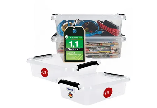 astor24 Aufbewahrungsbox mit Deckel - 4x 8.5 L - Aufbewahrungsbehälter mit Deckel, lebensmittelecht und stapelbar. Ideal für Büro, Kinderzimmer und Werkstatt, perfekt zum Organisieren von Spielzeug, Kleidung und Lebensmitteln.